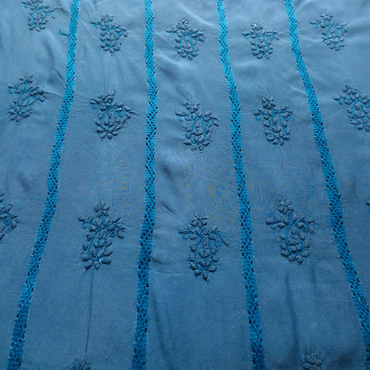 albaas | Vintage Style Tarkashi Applique on Raw Silk Shirt's Front and Sleeves with Matching Plain Trousers - Unstitched 2PC Suit   | ARSTAST-36557-BATTERY CHARGED BLUE