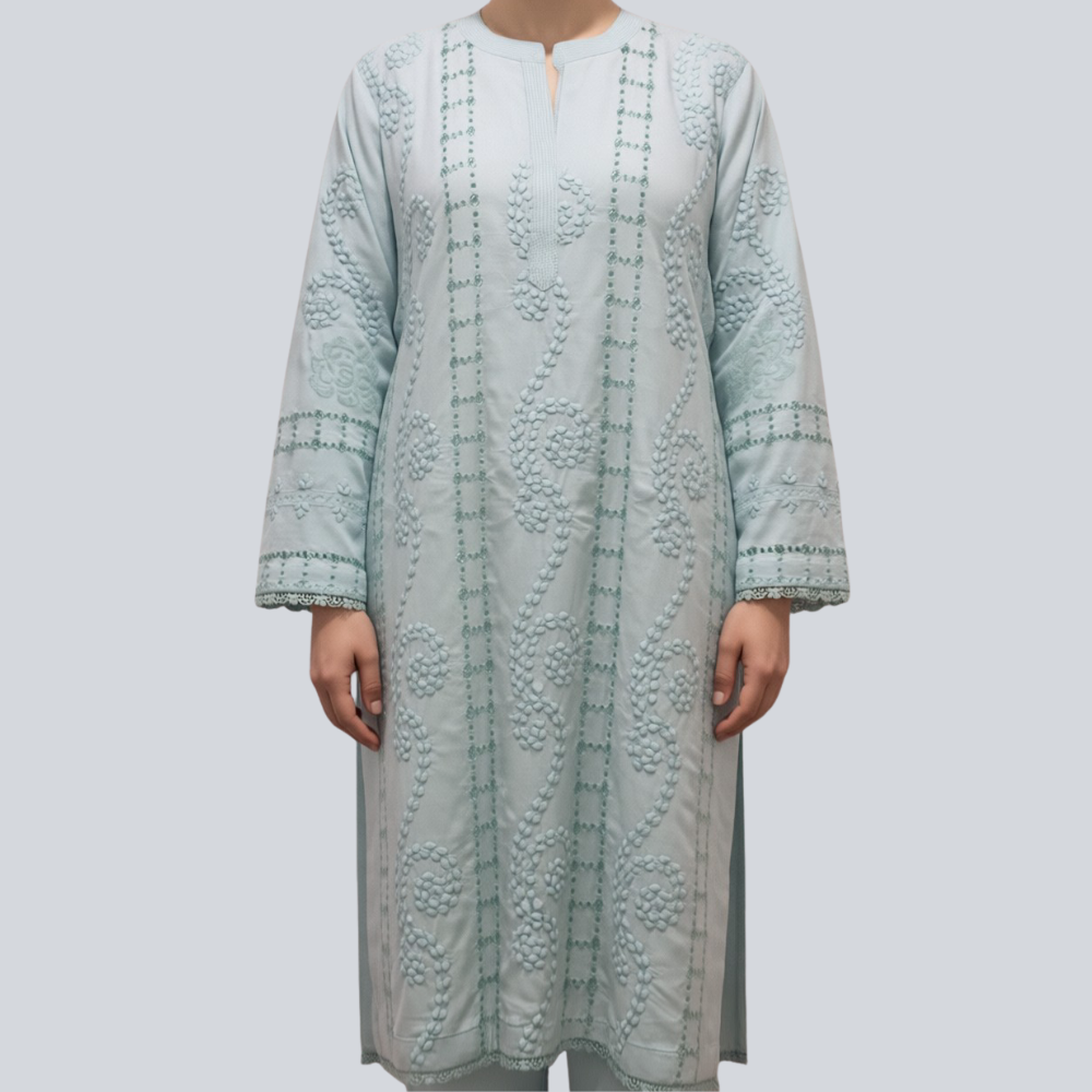 albaas | Tarkashi Applique on Lawn Shirt's Front and Sleeves with Plain Trousers - Stitched 2PC | ALTAST-D2-M-AQUA