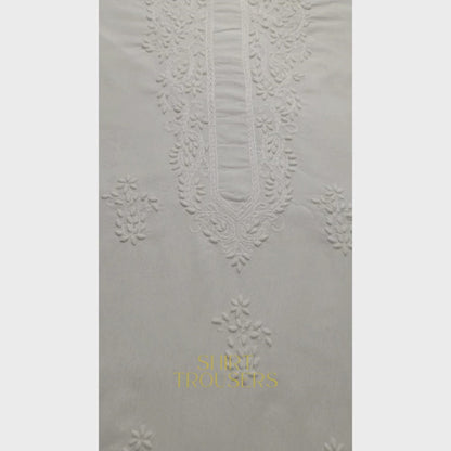 albaas | Tarkashi Applique on Karandi Shirt's Front and Sleeves with Matching Plain Trousers - Unstitched 2PC Suit   | AKTAST-36536 -WHITE