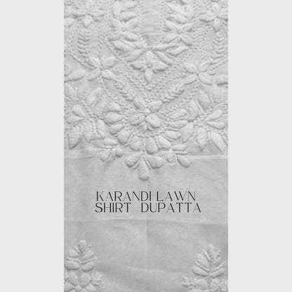 albaas | Lucknavi Chikankari on Karandi Lawn Shirt's Front and Sleeves with Dupatta Sprayed with Motifs - Unstitched 2PC Suit   | AKLCSD-36701-WHITE
