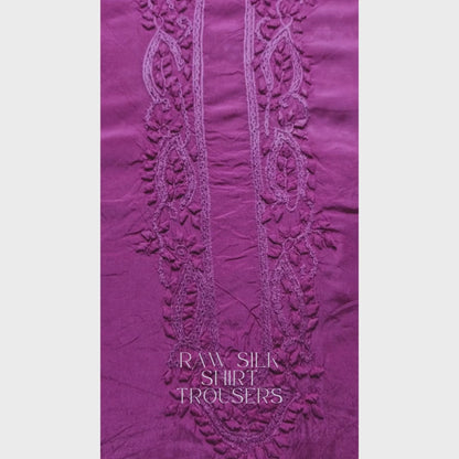 albaas | Tarkashi  Applique on Raw Silk Shirt's Front and Sleeves with Matching Plain Trousers - Unstitched 2PC Suit   | ARSTAST-36533-SHOCKING PINK