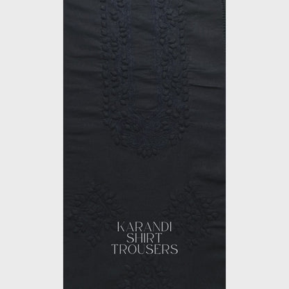 albaas | Tarkashi  Applique on Karandi Shirt's Front and Sleeves with Matching Plain Trousers - Unstitched 2PC Suit   | AKTAST-36537 -BLACK