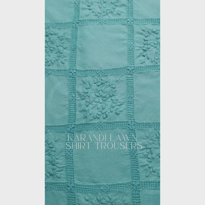 albaas | Tarkashi  Applique on Karandi Shirt's Front and Sleeves with Matching Plain Trousers - Unstitched 2PC Suit   | AKTAST-36538-BLUE ZIRCON