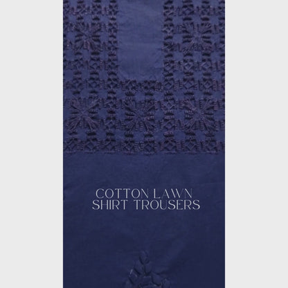 albaas | Tarkashi Applique on Cotton Lawn Shirt's Front and Sleeves with Matching Plain Trousers - Unstitched 2PC Suit   | ALTAST-36535-NAVY BLUE