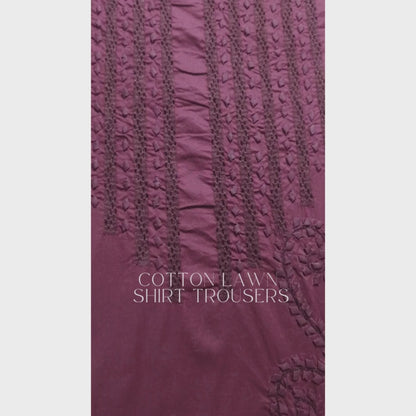 albaas | Tarkashi  Applique on Cotton Lawn Shirt's Front and Sleeves with Matching Plain Trousers - Unstitched 2PC Suit   | ALTAST-36553-PASSIONATE PLUM