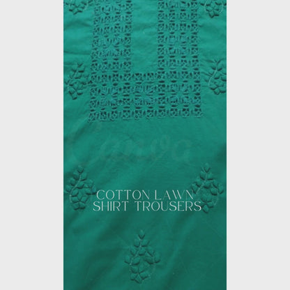 albaas | Tarkashi  Applique on Cotton Lawn Shirt's Front and Sleeves with Matching Plain Trousers - Unstitched 2PC Suit   | ALTAST-36535-GREENISH TEAL
