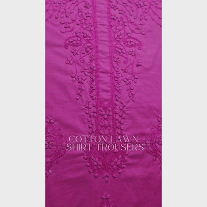albaas | Tarkashi  Applique on Cotton Lawn Shirt's Front and Sleeves with Matching Plain Trousers - Unstitched 2PC Suit   | ALTAST-36531-PURPLE HEART