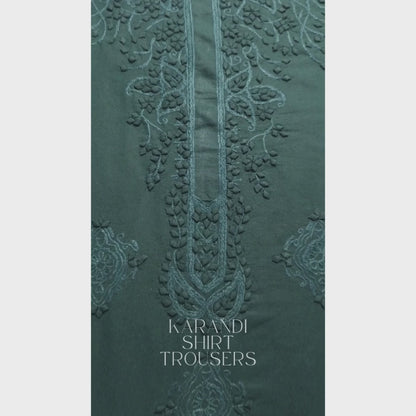 albaas | Tarkashi  Applique on Karandi Shirt's Front and Sleeves with Matching Plain Trousers - Unstitched 2PC Suit   | AKTAST-36531-FENCE GREEN