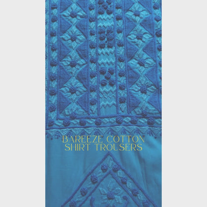 albaas | Satin Stitch+French Knots/Pakka Taanka on Bareeze Cotton Shirt's Front and Sleeves with Matching Plain Trousers - Unstitched 2PC Suit   | ALFSST-37003-BLUE