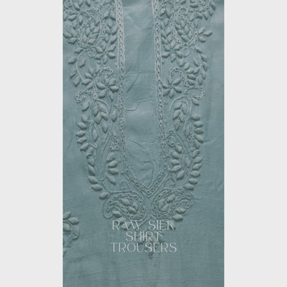 albaas | Tarkashi  Applique on Raw Silk Shirt's Front and Sleeves with Matching Plain Trousers - Unstitched 2PC Suit   | ARSTAST-36532-LIGHT CYAN